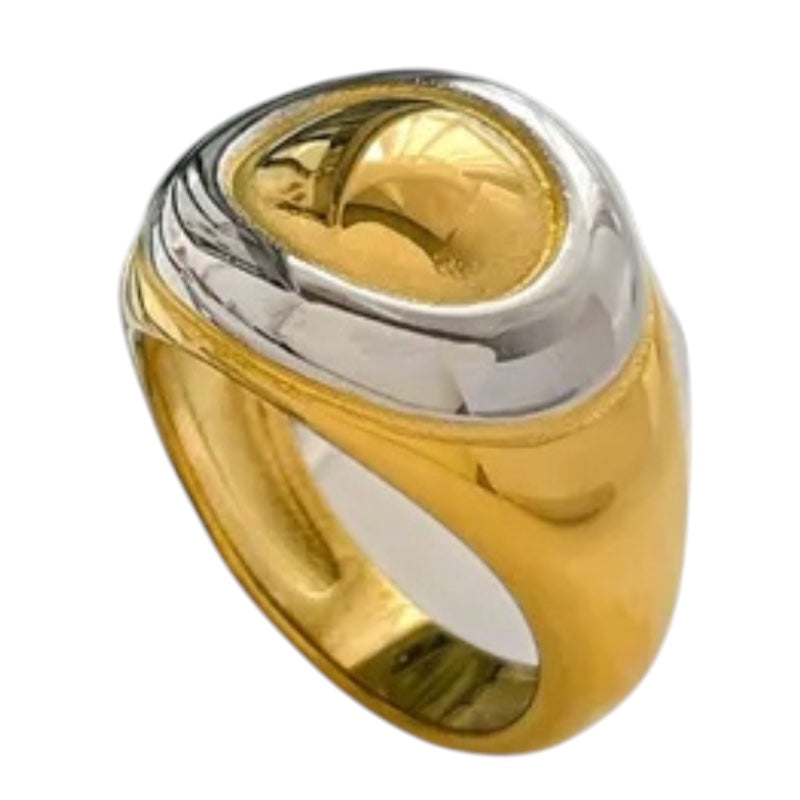 Anillo GebNut Eleos de acero inoxidable bicolor con diseño grueso y acabado pulido en tonos oro y plata